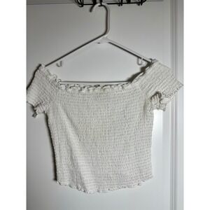 Abercrombie Fitch Smocked Off Shoulder Crop Top White Short Sleeve S